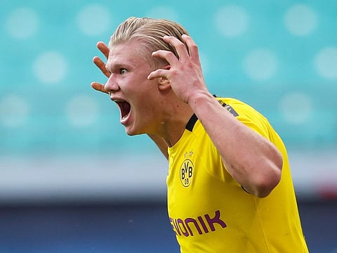 Borussia Dortmund's Erling Braut Haaland celebrates scoring their second goal against Leipzig