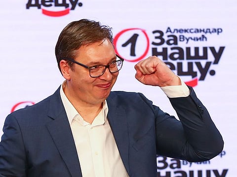 Serbian President Aleksandar Vucic gestures at Serbian Progressive Party (SNS) headquarters during a national election, the first in Europe since lockdown due to the coronavirus disease (COVID-19) outbreak, in Belgrade, Serbia, June 21, 2020.