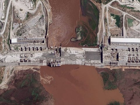 This satellite image taken May 28, 2020, shows the Grand Ethiopian Renaissance Dam on the Blue Nile river in the Benishangul-Gumuz region of Ethiopia. Egypt wants the United Nations Security Council to "undertake its responsibilities" and prevent Ethiopia from starting to fill its massive, newly built hydroelectric dam on the Nile River next month amid a breakdown in negotiations.