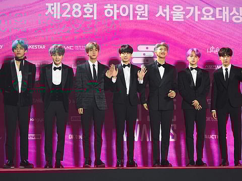 South Korean boy band BTS pose on the red carpet at the 28th Seoul Music Awards in Seoul on January 15, 2019.