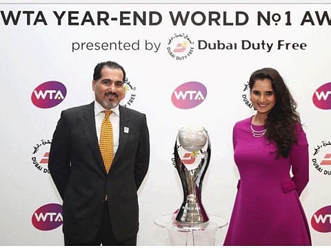 Salah Tahlak, Tournament Director of Dubai Duty Free Tennis Championships, and Sania Mirza at the 2019 WTA yearend World Number One awards presented by DDF.