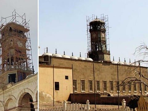Work has begun to fix a large antique clock at the medieval Citadel of Saladin overlooking Cairo.