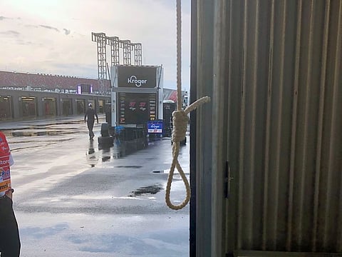 This photo provided by NASCAR shows the noose found in the garage stall of black driver Bubba Wallace at Talladega Superspeedway in Talladega.