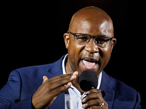 Jamaal Bowman speaks at a watch party as he takes an early lead in the Democratic primary for New York's 16th Congressional District in Yonkers, New York, US, on June 23, 2020.