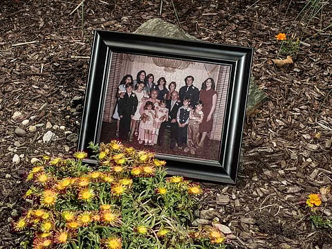 A photograph of the Fusco children and their parents, Grace and Vincenzo, from 1980, is displayed in Freehold, N.J., on June 9, 2020. The Fusco family lost five relatives to the coronavirus.