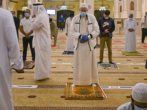 Worshippers at Al Noor Mosque in Sharjah. Mosques in the UAE reopened on Wednesday.