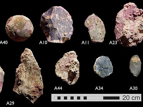 Underwater artefacts dating back thousands of years when the sea bed was dry land, found by researchers from Flinders University, University of Western Australia and James Cook University, are seen in this undated handout picture taken from a video.