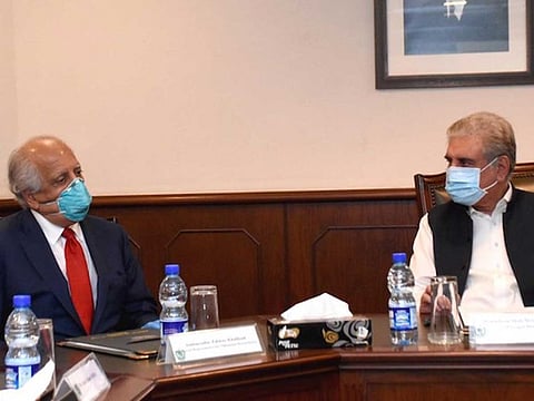 Pakistan Foreign Minister Shah Mahmood Qureshi meeting with Ambassador Zalmay Khalilzad, US Special Representative for Afghanistan Reconciliation in Islamabad on July 1, 2020.