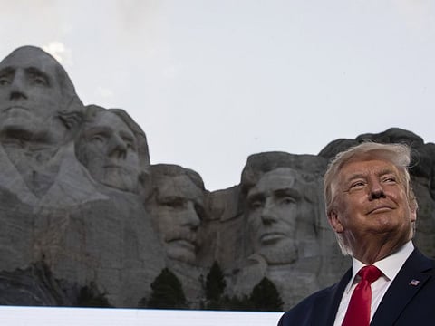 President Donald Trump smiles at Mount Rushmore National Memorial, Friday, July 3, 2020, near Keystone, South Dakota.