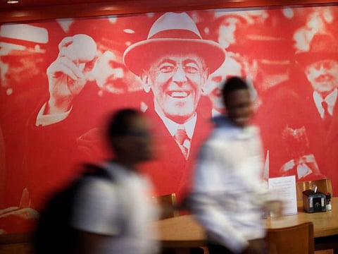 A mural of former US President Woodrow Wilson in the Wilson College dining hall at Princeton University in Princeton, New Jersey, on November 20, 2015. Princeton will remove Wilson’s name from its public policy school and one of its residential colleges, the university’s president said on June 27, 2020.