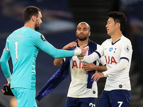 Tottenham’s Hugo Lloris (L), Lucas Moura (C) and Son Heung-Min after the Everton match.