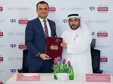 His Excellency Hamad Obaid Taryam Al Shamsi, Chairman of the Board of Trustees and Director of Ajman Medical District and Dr Shajir Gaffar, CEO VPS Healthcare (Dubai and Northern Emirates) signing the MoU at Burjeel Specialty Hospital in Sharjah