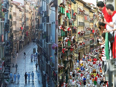 This combination of pictures created on July 7, 2020 shows (L) participants walking along Estafeta street during a symbolic celebration of the first bullrun of the San Fermin festival, on July 7, 2020 and a file photo taken on July 14, 2019, showing the same street during the celebration of the last bullrun of the 2019 San Fermin festival in Pamplona, northern Spain. The 2020 edition of the San Fermin Festival has been cancelled as part of preventive measures to fight the spread of the novel coronavirus.