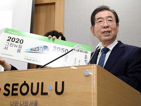 Seoul Mayor Park Won-soon speaks during an event at Seoul City Hall in Seoul, South Korea, July 8, 2020.
