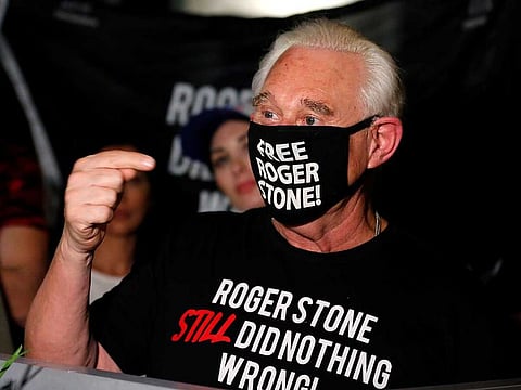 Roger Stone, a longtime friend and adviser of US President Donald Trump, reacts after Trump commuted his federal prison sentence outside his home in Fort Lauderdale, Florida, U.S. July 10, 2020.