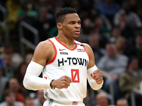 In this file photo Russell Westbrook of the Houston Rockets reacts during the second half of the game against the Boston Celtics at TD Garden on February 29, 2020 in Boston, Massachusetts.