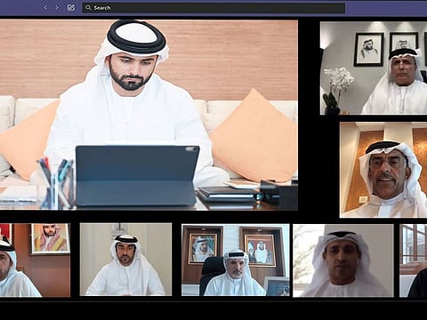Shaikh Mansour attends the virtual meeting with top officials of Dubai Sports Council on Tuesday.