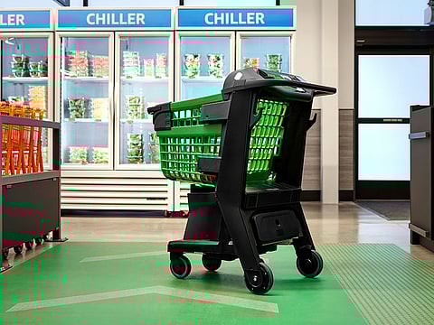 Amazon's smart shopping cart is seen in spring 2020 in Los Angeles. The cart, which Amazon unveiled on July 14, 2020, uses cameras, sensors and a scale to automatically detect what shoppers drop in. It keeps a tally and then charges their Amazon account when they leave the store. No cashier is needed.