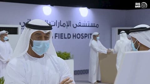 Sheikh Mohamed Bin Zayed inspecting a field hospital in Abu Dhabi. The UAE recorded no new coronavirus-related deaths over the past 24 hours.