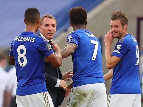 Leicester City manager Brendan Rodgers with Youri Tielemans, Demarai Gray and Jamie Vardy after the win over Sheffield United