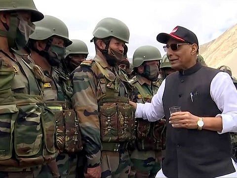 India's Defence Minister Rajnath Singh interacts with Indian troops at Lukung in Leh on Friday, July 17, 2020.
