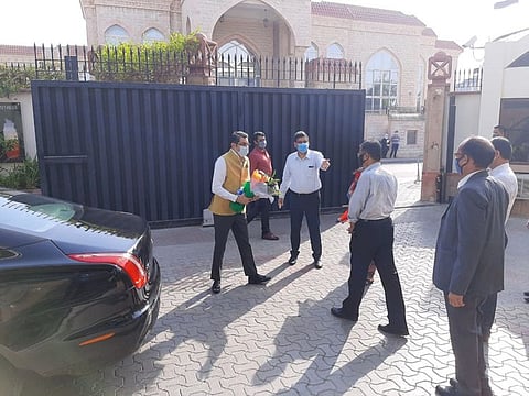 New Consul General of India in Dubai Dr. Aman Puri (left) being welcomed by the officials at the Indian Consulate in Dubai on Sunday.
Courtesy: Indian Consulate in Dubai