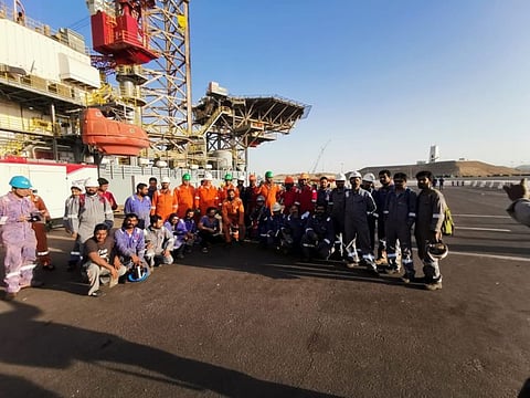 Team members of Sharjah-based Ocean Oilfield before returning home from their project in Duba Port in Saudi Arabia last week
Courtesy: Ocean Oilfield