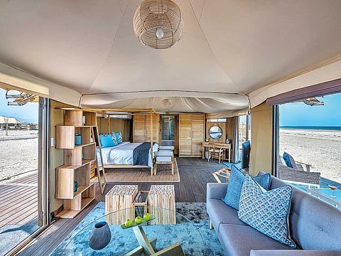 The layout of a single bedroom with desert views from a Mysk property