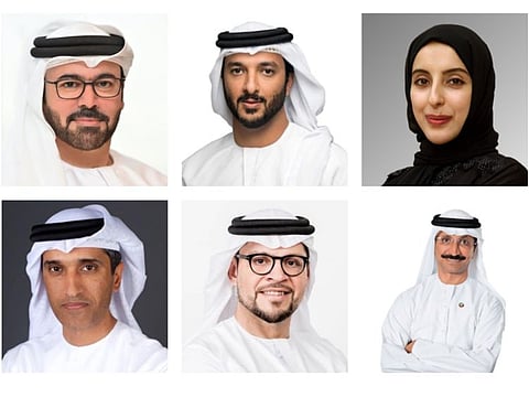 Among the leaders of the program are (clockwise from top left) Mohammed Abdullah Al Gergawi, Minister of Cabinet Affairs; Abdullah Bin Touq Al Marri, Minister of Economy; Shamma Bint Sohail Al Mazrouei, Minister of State for Youth Affairs and Chairman of the Federal Youth Authority; Sultan Ahmed Bin Sulayem, Group Chairman and CEO of DP World; Mohammed Al Shorafa Al Hamadi, Member of the Executive Council of Abu Dhabi and Chairman of Abu Dhabi Department of Economic Development, and Abdullah Mohammed Al Basti, Secretary General of the Executive Council of Dubai.