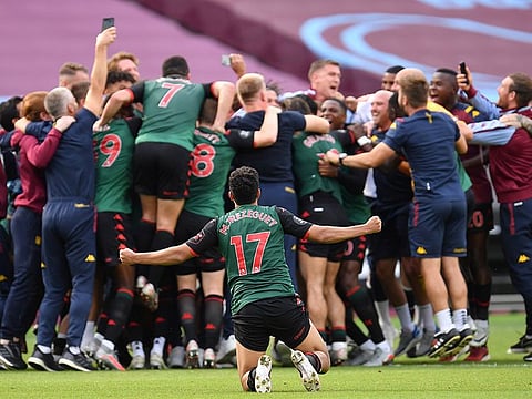 Aston Villa celebrate their Premier League safety