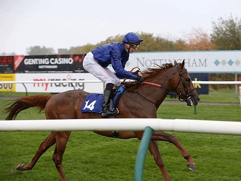 Space Blues, William Buick up, en route to winning the Group 2 Lennox Stakes at Goodwood today.