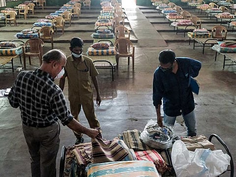 Health inspectors check a new COVID-19 centre at Aluva, in Kochi on Thursday.