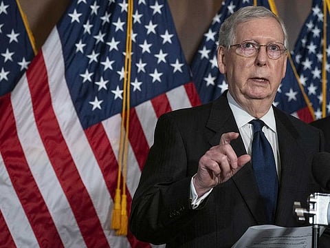 Mitch McConnell speaks during a press conference at the US Capitol in Washington DC