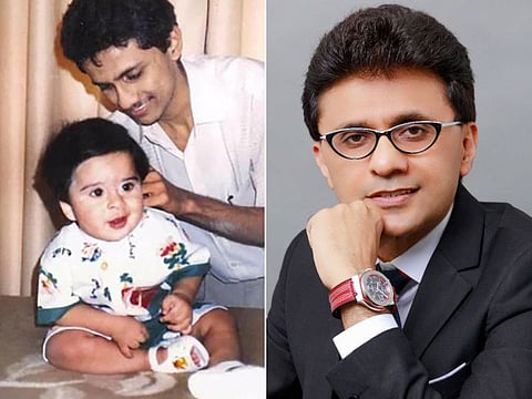 Anis Sajan with his nephew Adel Sajan in Kuwait in 1990 and his latest photo in Dubai