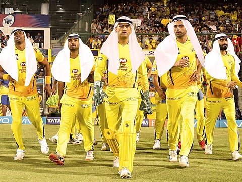 Mahendra Singh Dhoni, alongwith a few members of Chennai Super Kings team, in a photosopped image with emirati headgear to ship up the mood for IPL in the UAE.
