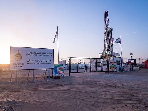 The entrance to the Mahani gas well site operated by Sharjah National Oil Co.. Along with its Italian partner Eni, the Sharjah entity is scouting around for more finds.