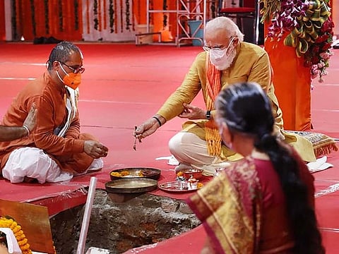 Prime Minister Narendra Modi along with UP Governor Anandiben Patel performs Bhoomi Pujan rituals for the construction of the Ram Mandir, in Ram Janmabhoomi premises in Ayodhya, Wednesday, Aug 5, 2020.