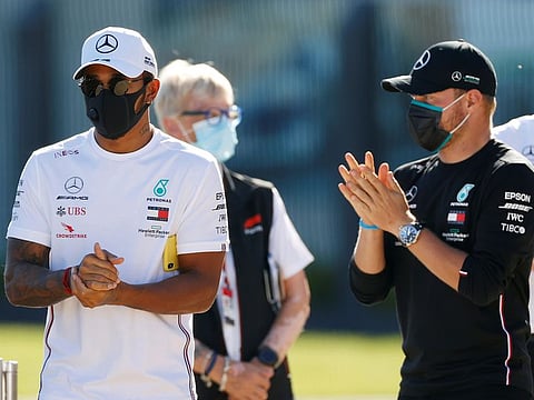 Mercedes drivers Lewis Hamilton and Valtteri Bottas at Silverstone