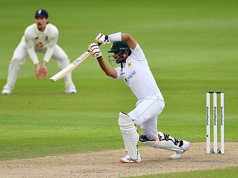 Pakistan's Babar Azam bats during the first day of the first cricket Test match against England at Old Trafford in Manchester, on August 5, 2020.