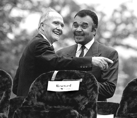Brent Scowcroft, left, in 1996 with former Saudi Arabian ambassador to the the United States, Prince Bandar bin Sultan.