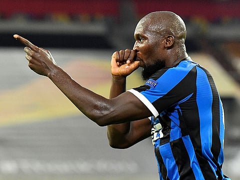 Inter Milan's Romelu Lukaku celebrates scoring their second goal.