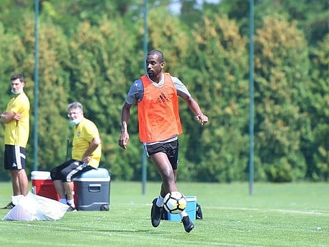Abdul Aziz Haikal, the experienced UAE and Shabab Al Ahli defender, works his way with the ball during a training session in their ongoing camp in Serbia.