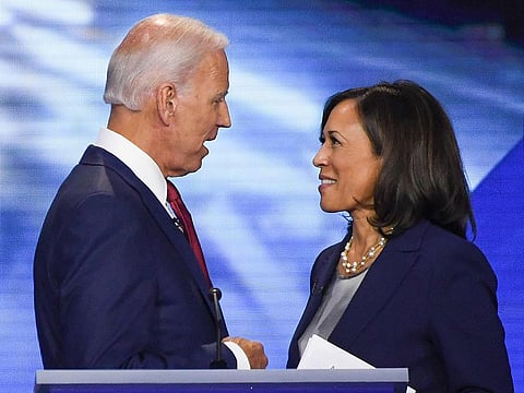 Former Vice President Joe Biden and Senator Kamala Harris speak on September 12, 2020, in Houston, Texas.