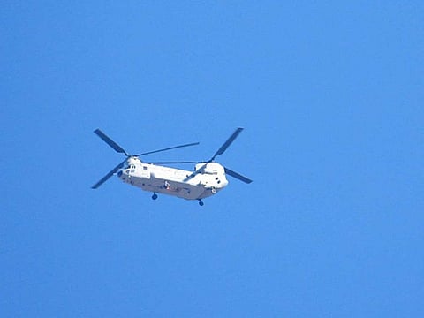 Chinook helicopter of the Indian Air Force is seen flying in Leh on Wednesday.