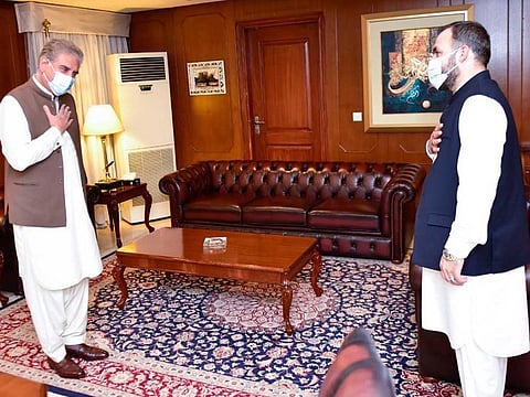 Ambassador of Afghanistan Shukrullah Atif Mashal pays a farewell call on Pakistan’s Foreign Minister Shah Mahmood Qureshi on August 12 in Islamabad.