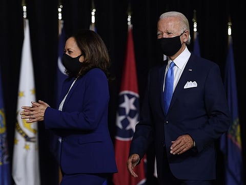 Democratic presidential nominee and former US Vice President Joe Biden and vice presidential running mate, US Senator Kamala Harris, arrive to conduct their first press conference together in Wilmington, Delaware, on August 12, 2020