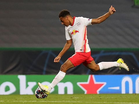 Leipzig's Tyler Adams scores his side's second goal.