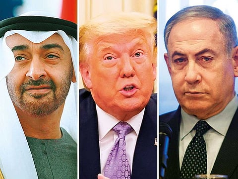 Shaikh Mohammad Bin Zayed Al Nahyan, Donald Trump and Benjamin Netanyahu.