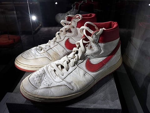 A pair of Nike Air Jordan 1, worn by basketball superstar Michael Jordan, which sold for $615,000, Christie's New York auction house reported August 13.