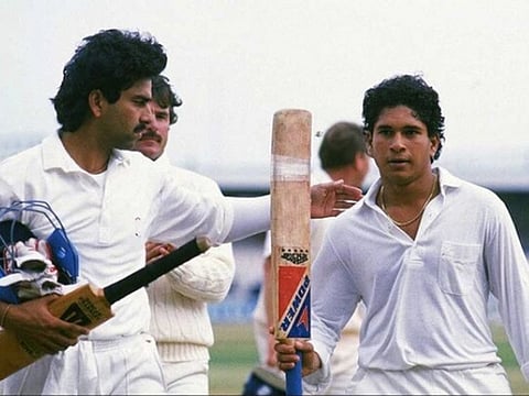 Sachin Tendulkar celebrates his maiden century for India